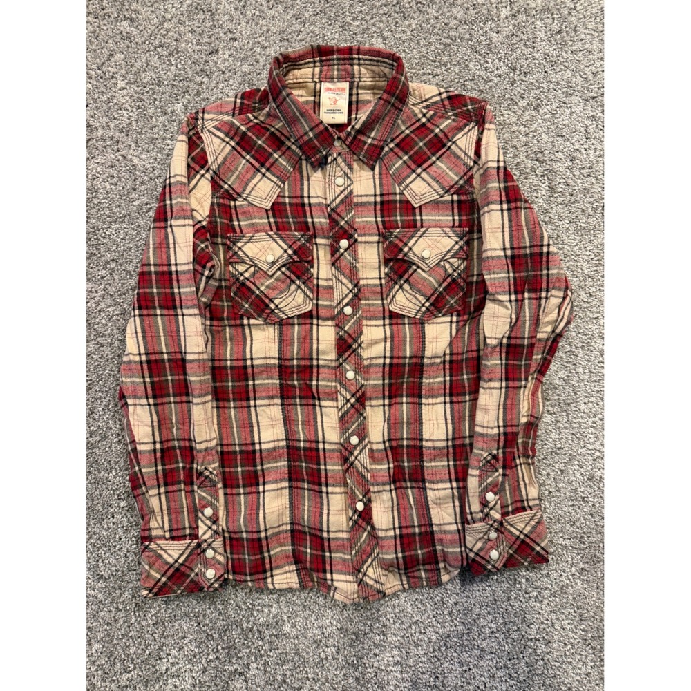 True Religion Flannel Shirt Womens XL Red Plaid Rebel Brooklyn Western‎ Snap